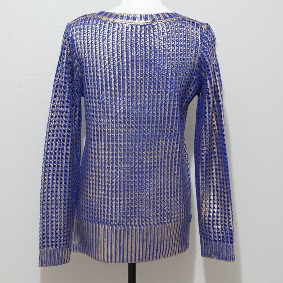Collective Concepts Women's Blue with Metallic Gold Open Knit Sweater Size Small - Picture 2 of 5